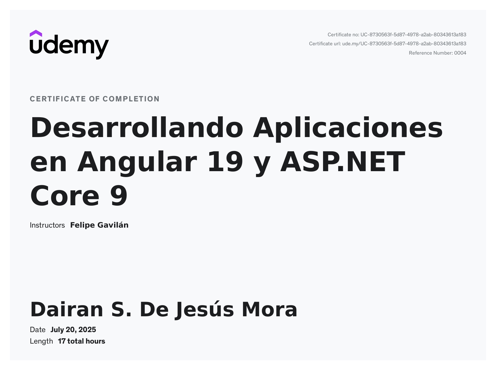 Angular 19 and ASP.NET Core Course Certificate