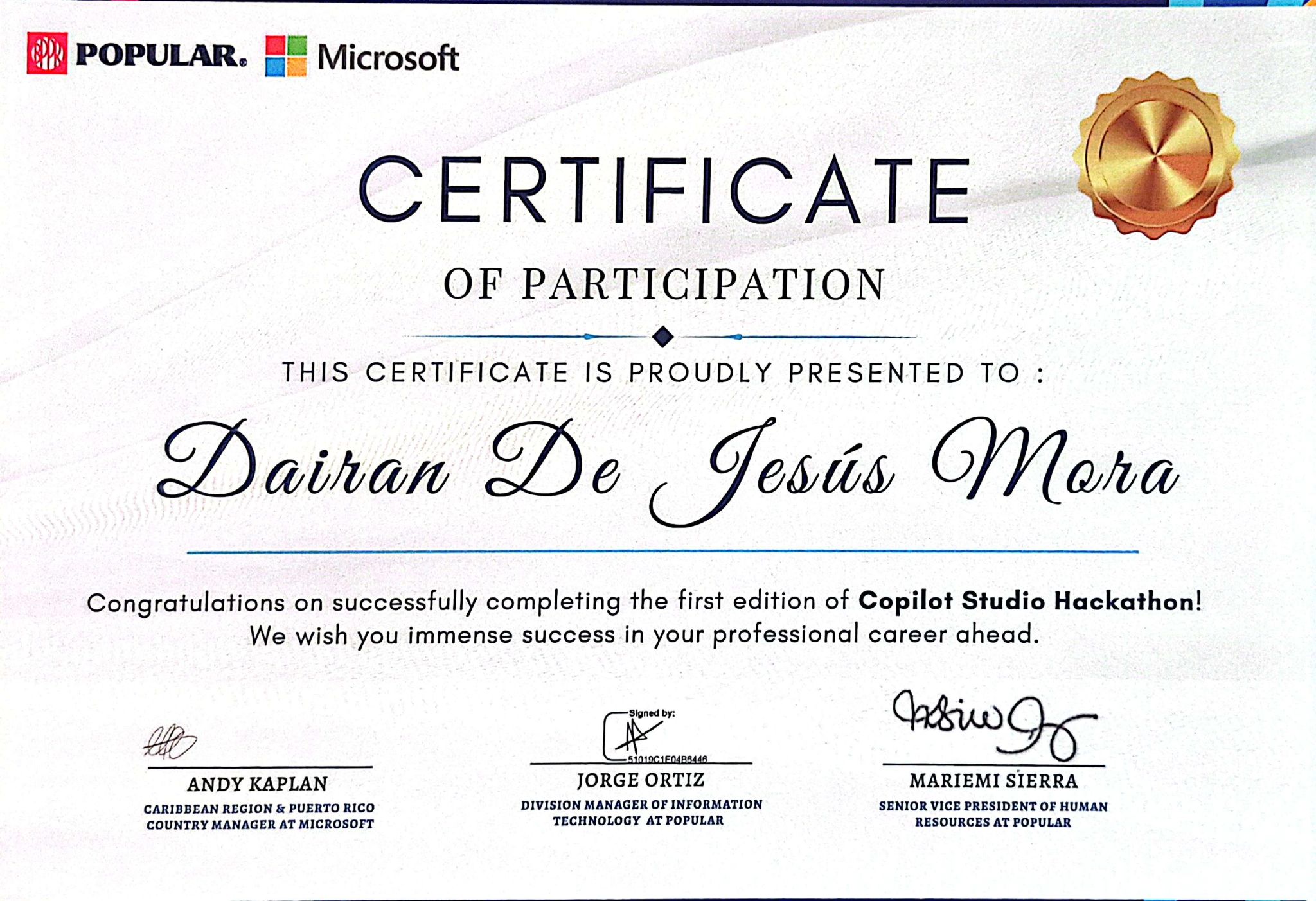 Certificate of Participation on Copilot Hackathon by Popular and Microsoft